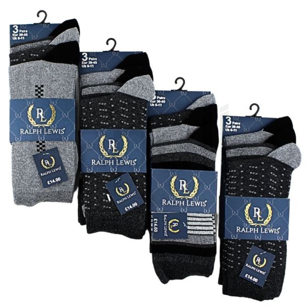 Wholesale Men's Ralph Lewis Socks - Mixed Pattern Design (3 Pack) - Assorted Colours and Designs
