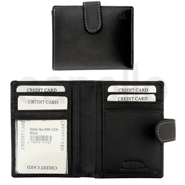 Wholesale Men's RFID Leather Card ID Holder Wallet With Stud Closure Button - Black