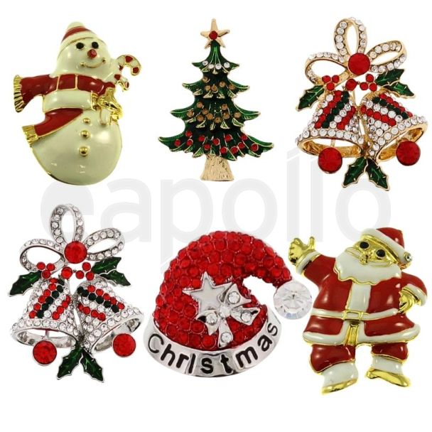 Wholesale Pack Of 6 Metal Christmas Brooches - Assorted Designs