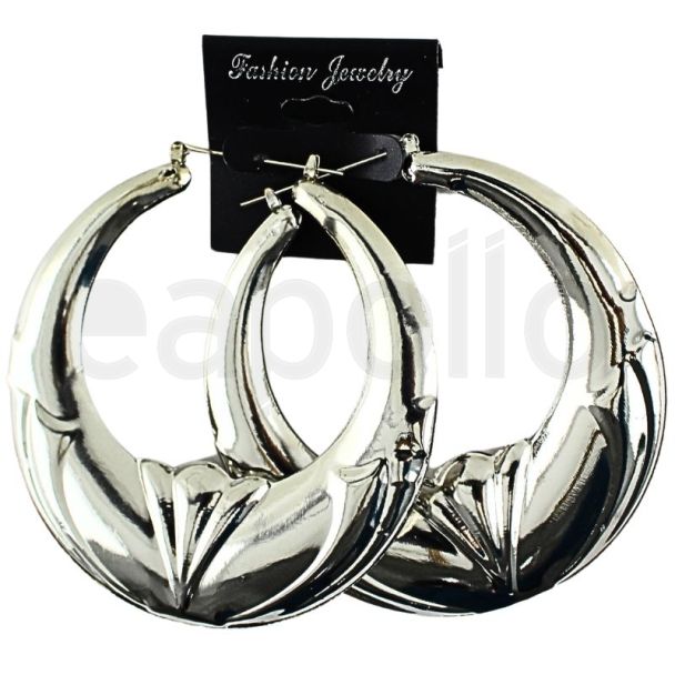 Wholesale Silver Round Bamboo Hoop Earrings - 8cm