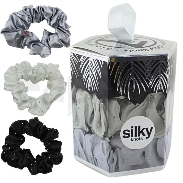 3pcs W7 Large Diamante Mulberry Silk Hair Scrunchies - Assorted