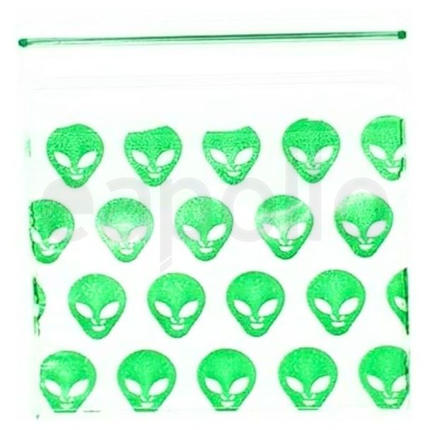 Zipper Grip Seal Printed Resealable Bags - Green Alien (30 x 30mm)