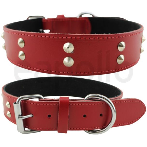 Wholesale Genuine Leather 1.5" Wide Studded Leather Stitched Dog Collar - Red (16-19'')