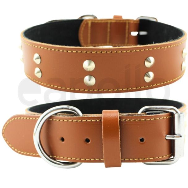 Wholesale Genuine Leather 1.5" Wide Studded Leather Stitched Dog Collar-Tan (24-27'' Fitting)