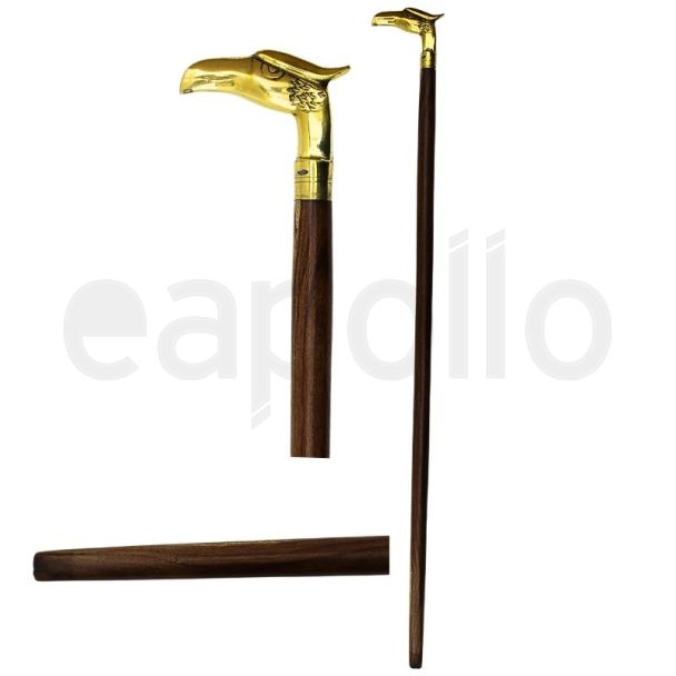 Wooden Brass Eagle Walking Stick With Metal Crutch Handle -  Gold/Brown