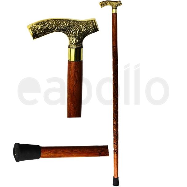 Wooden Derby Branch Walking Stick Carved Flower Pattern With Metal Crutch Handle - Gold/Brown