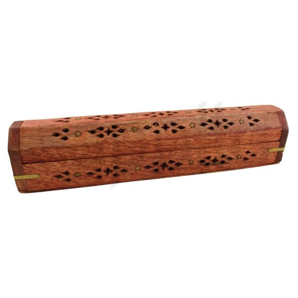 Wooden Incense Ash Catcher With Storage - Star Brass Inlay 12''