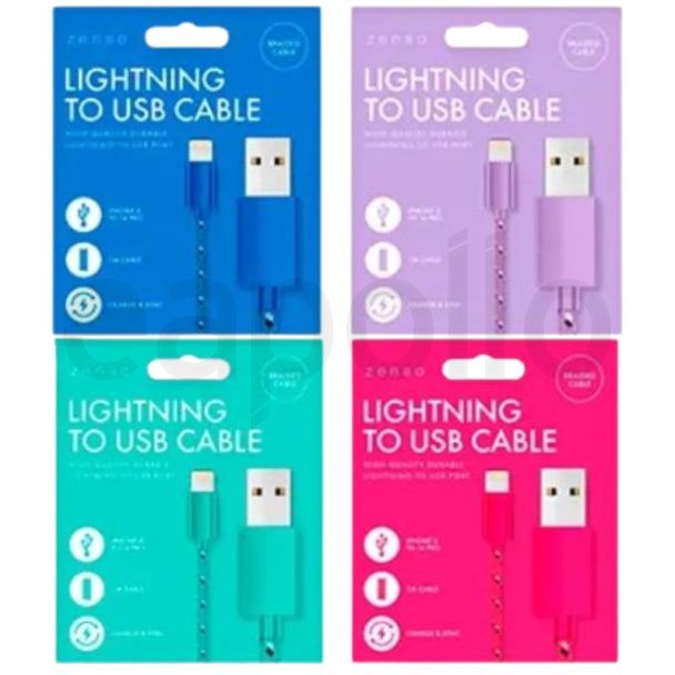 Zenso Braided Charging Cable (USB to Lightning) – Assorted Colours (1m)