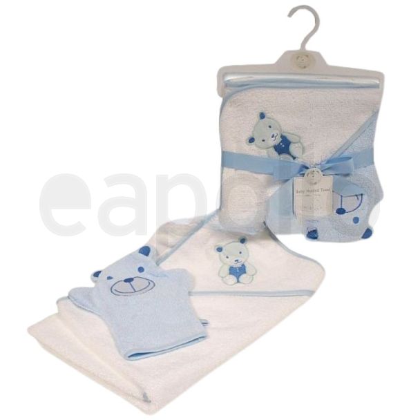 Baby Boys Hooded Towel & Wash Mitten Set - White & Sky Blue