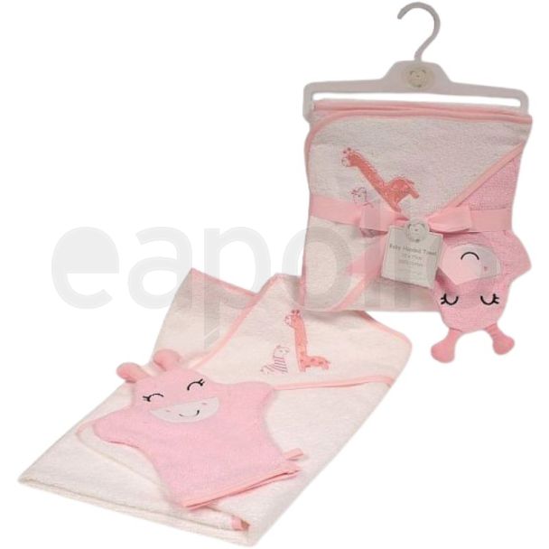 Baby Girls Hooded Towel & Wash Mitten Set - White & Pink