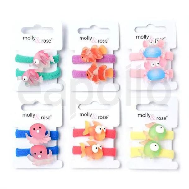 2pcs Sea Themed Hair Jersey Elasctics Ponios - Fish, Octopus & Crab Assortment