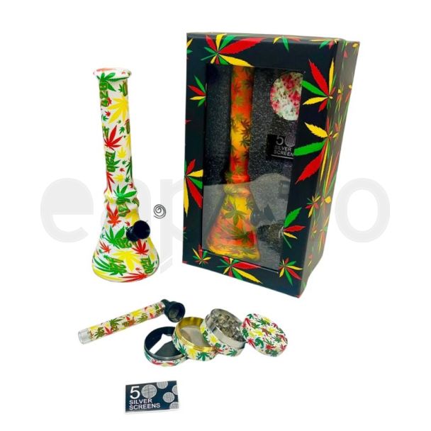 D&K Glass Waterpipe Rasta Leaf 420 - Gift Set (8 inches)