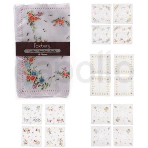 Ladies' Printed Cotton Blend Handkerchiefs - Pack of 10 - White