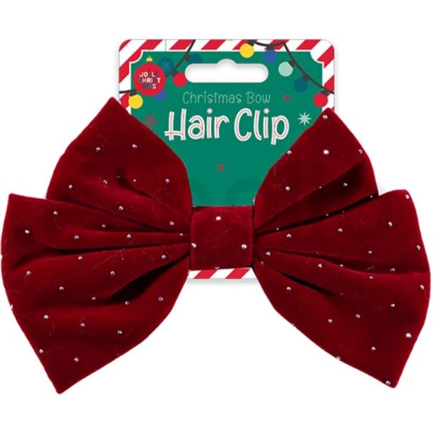 Large Velvet Christmas Bow Hair Clip - Red - 13cm