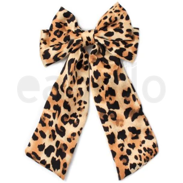 Leopard Print Hair Bow Clip with Tails on Beak Clip - 13cm