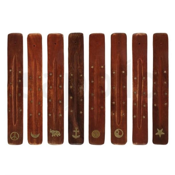Mango Wood Incense Holder With Brass Inlay - Assorted