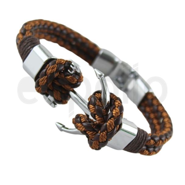 Men's Plaited Leather Bracelet "Anchor Design" - Brown