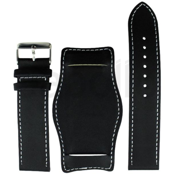 Military Style Black Oval Leather Bund Watch Strap - 22mm