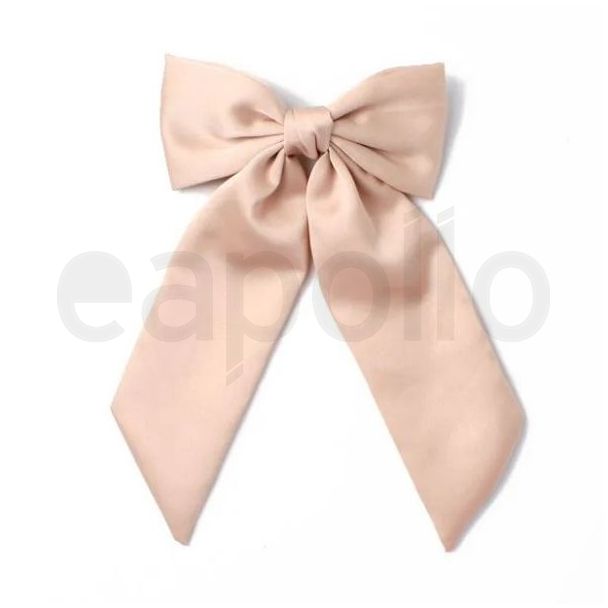 Nude Satin Hair Bow With Long Tails On Barrette Clip - 13cm