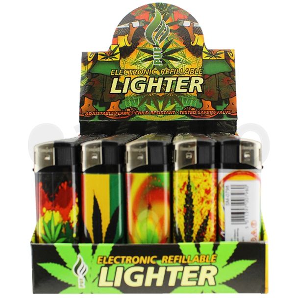 Wholesale PUF Electronic Refillable Lighter Rasta Leaves Design - Assorted 