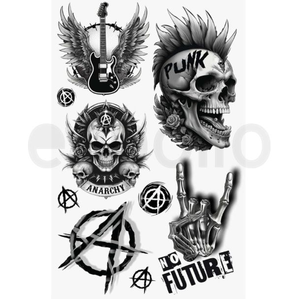 Punk Themed Temporary Tattoo Sheet - Skulls & Guitars