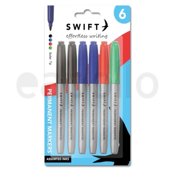 Swift 6pcs Permanent Markers - Black, Blue, Red and Green Assortment