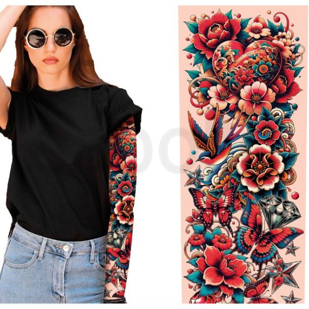 Temporary Tattoo Sleeve - Multicoloured Floral Design with Birds - 38cm