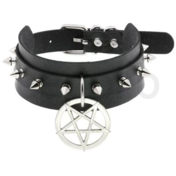 Vegan Leather Spike Pentagram Neckband