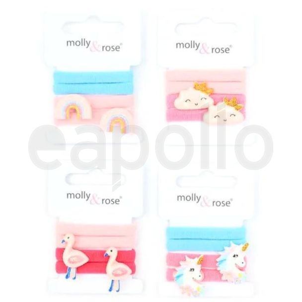 4pcs Assorted Jersey Hair Elastics Ponios - Rainbow, Unicorn & Flamingo Designs