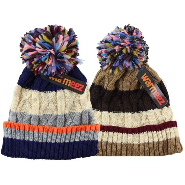 Wholesale Kids Knitted Stripe Pom Pom Hat - Assorted 