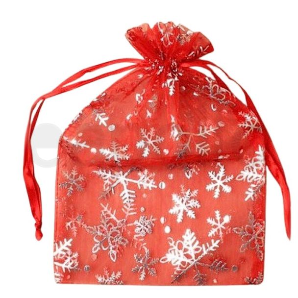 Wholesale Organza Gift Bag - Red With Silver Snowflake Print 