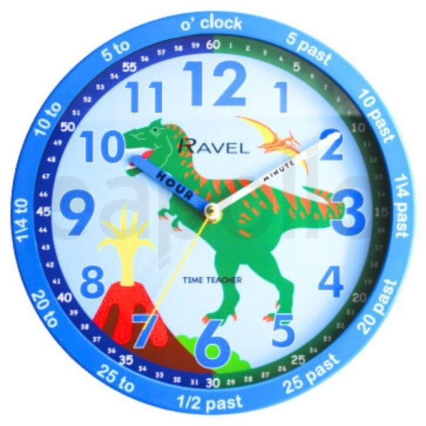 Wholesale Ravel Kids Time Teacher Wall Clock 25cm - Blue Dino