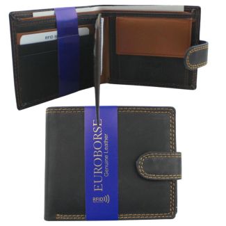 Men's Genuine Leather Stud Closure Wallet - Black with Camel Colour Stitching