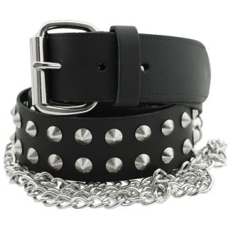 Leather 2 Row Conical Studded Belt With Chain Black (M) Wholesale