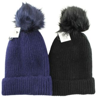 Adults Plain Knitted Hat With Faux Fur Pom Pom - Assorted Colours 
