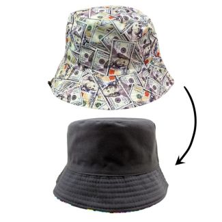 Adults Reversible "Dollar Notes" Design Bucket Hat - Beige