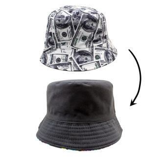 Adults Reversible "Dollar Notes" Design Bucket Hat - Black 