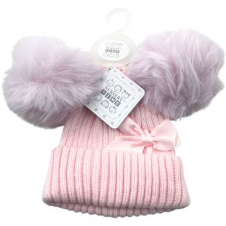 Baby Knitted Double Pom-Pom Hat with Bow – Pink