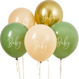 Biodegradable Sage, Nude & Gold 'Baby' Latex 12" Balloons (Pack of 5)