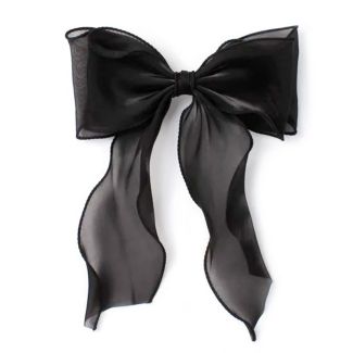 Black Chiffon Double Hair Bow with Tails on Barrette Clip - 15cm