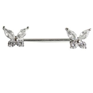 Butterfly Design Nipple Bar with Clear Crystal Gemstones - 14mm