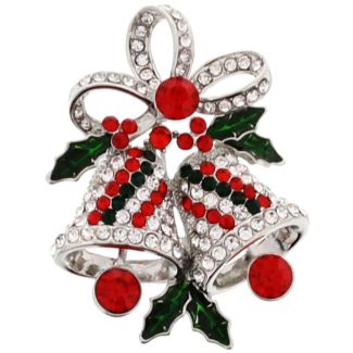 Christmas Bells Brooch With Diamante Stone - Silver (3x3cm)