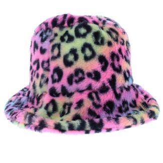 Adults Rainbow Leopard Faux Fur Bucket Hat