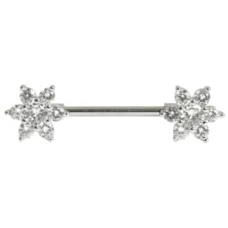 Flower Design Nipple Bar with Clear gemstones - 14mm