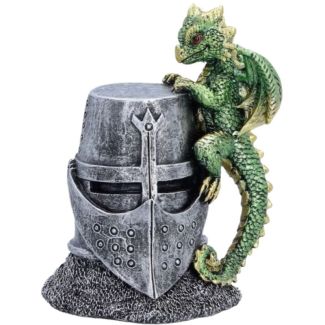 Green Dragon Clinging to Knight Helmet Figurine – 12cm