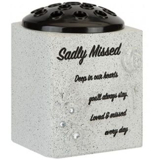 Graveside Grey Flower Pot with Rose Design – Sadly Missed (13.5cm)