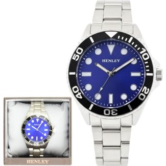 Henley Round Dial With Black Top Ring Men's Bracelet Watch - Blue/Silver