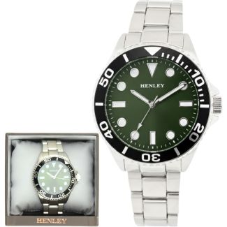 Henley Round Dial With Black Top Ring Men's Bracelet Watch - Green/Silver