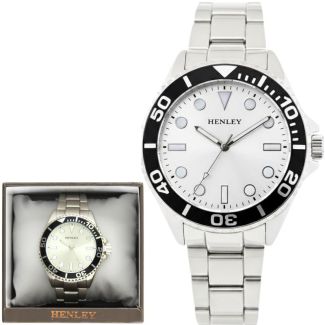 Henley Round Dial With Black Top Ring Men's Bracelet Watch - Silver