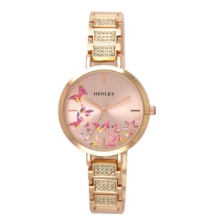 Wholesale Ladies Henley Butterfly Print Diamante Bracelet Watch - Rose Gold/ Pink